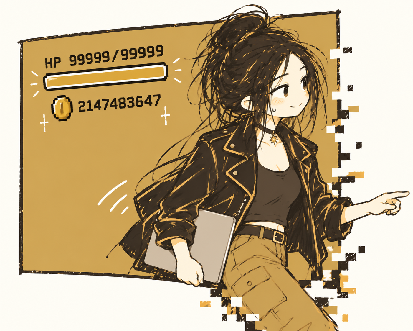 An anime gamer girl stepping beyond the game interface.