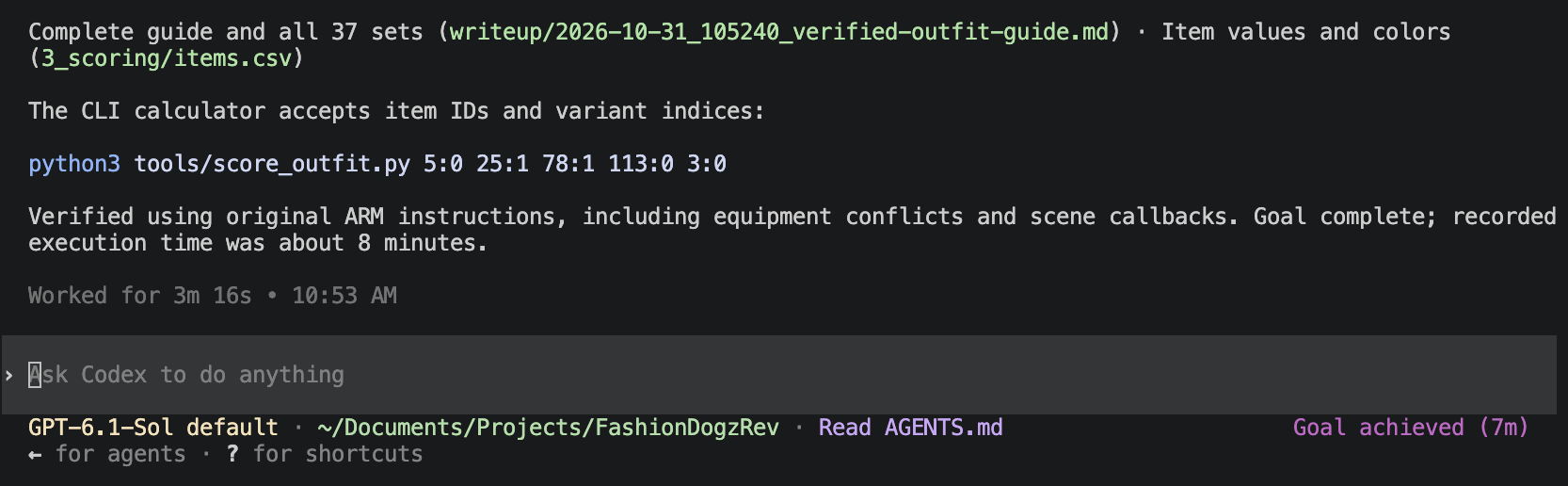 Codex completes the Fashion Dogz outfit recovery goal in about eight minutes
